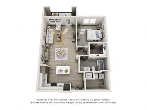 Floor plan for 1 bed, 1 bath, 845 sqft
